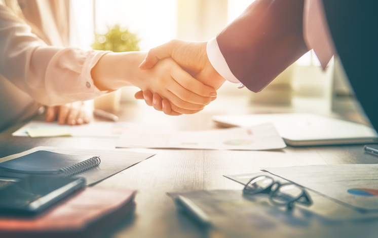 Man and woman are shaking hands in office. Collaborative teamwork.